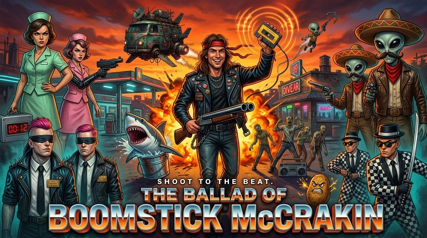 The Ballad of Boomstick McCrakin key art — Boomstick with shotgun and Walkman surrounded by the four factions
